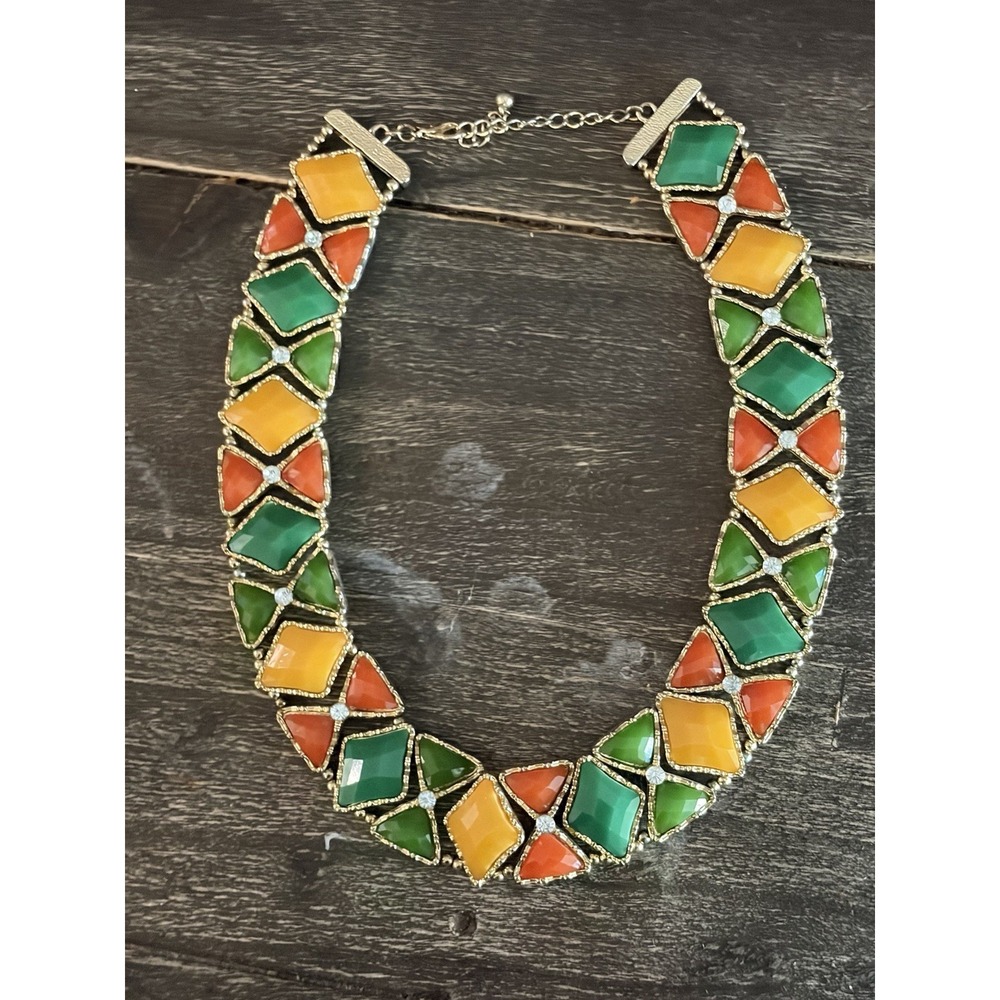 Natasha Couture Multicolor Gemstone Inlay Chunky Bib Statement Necklace Gold